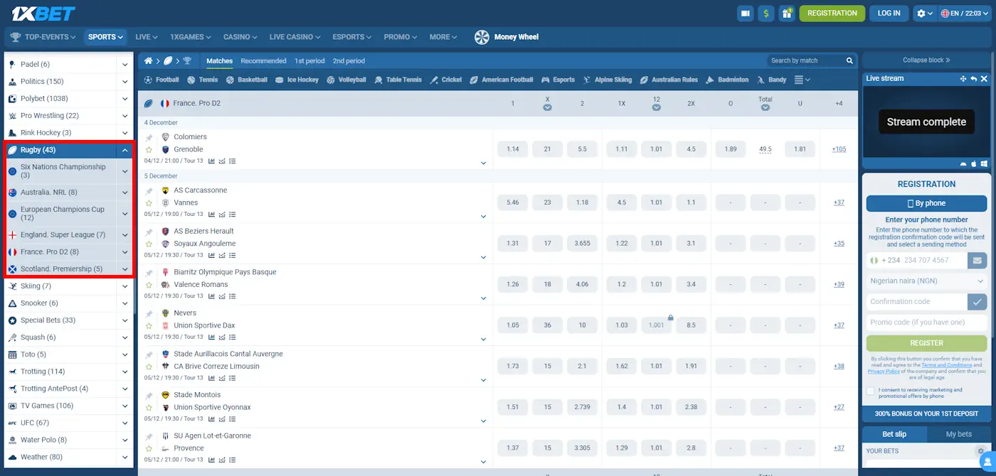 1xBet Rugby Betting Screenshot